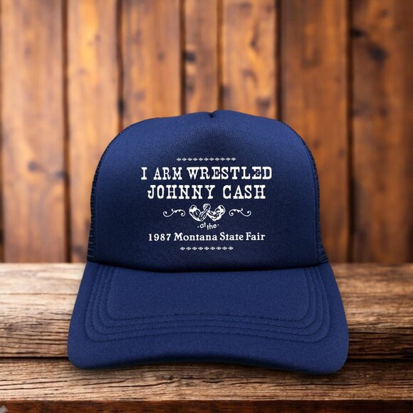 I Arm Wrestled Johnny Cash Unisex Trucker Hat Navy Snapback 1987 Baseball Cap - Picture 1 of 4